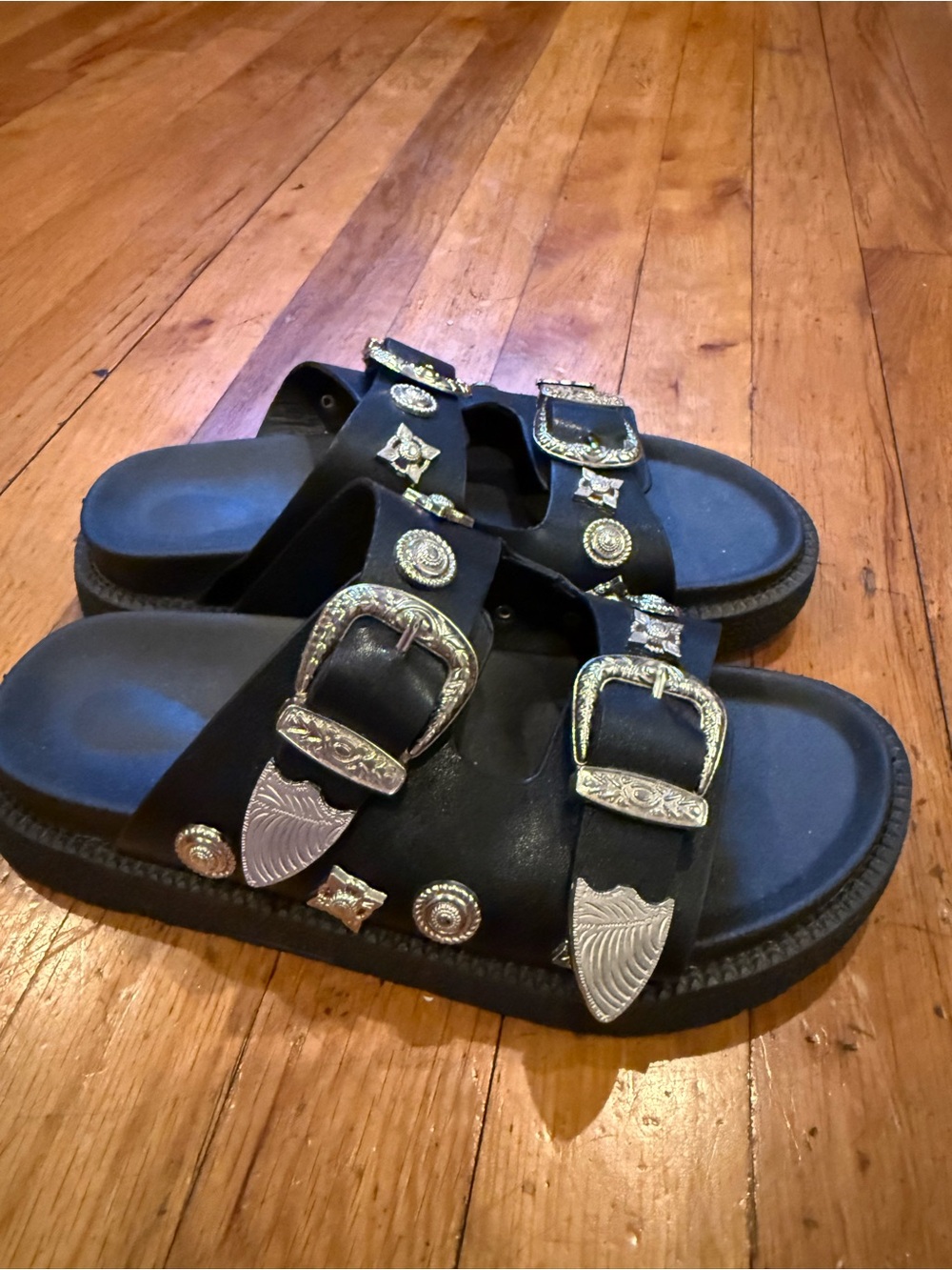 Black Slide Sandals with Decorative Silver Buckles